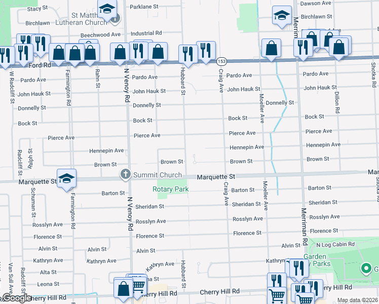 map of restaurants, bars, coffee shops, grocery stores, and more near 32381 Brown Street in Garden City