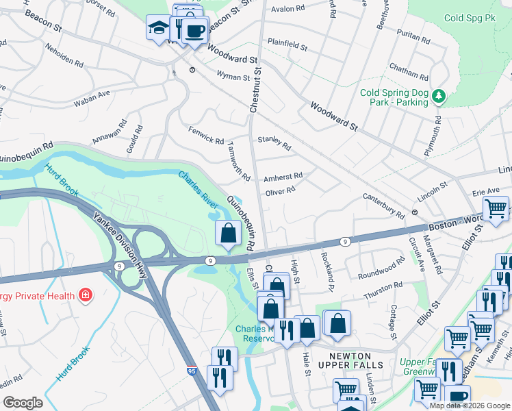 map of restaurants, bars, coffee shops, grocery stores, and more near 872 Chestnut Street in Newton