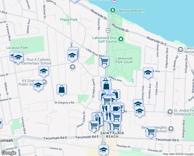map of restaurants, bars, coffee shops, grocery stores, and more near 13273 Saint Thomas Street in Windsor