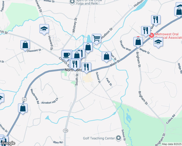 map of restaurants, bars, coffee shops, grocery stores, and more near 38 Main Street in Northborough