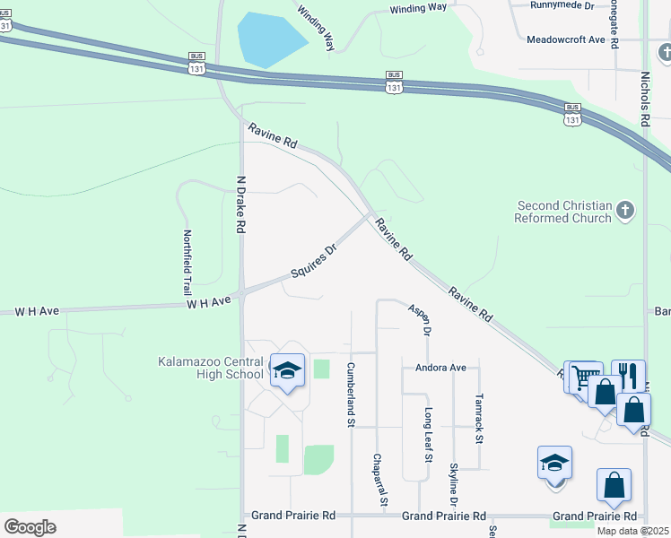 map of restaurants, bars, coffee shops, grocery stores, and more near 4425 Squires Drive in Kalamazoo