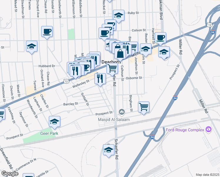 map of restaurants, bars, coffee shops, grocery stores, and more near 6 Georgetown Court in Dearborn