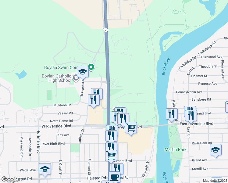 map of restaurants, bars, coffee shops, grocery stores, and more near 4249 North Main Street in Rockford