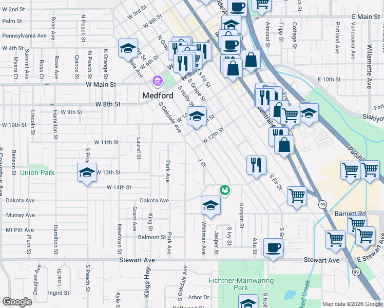 map of restaurants, bars, coffee shops, grocery stores, and more near 419 South Oakdale Avenue in Medford