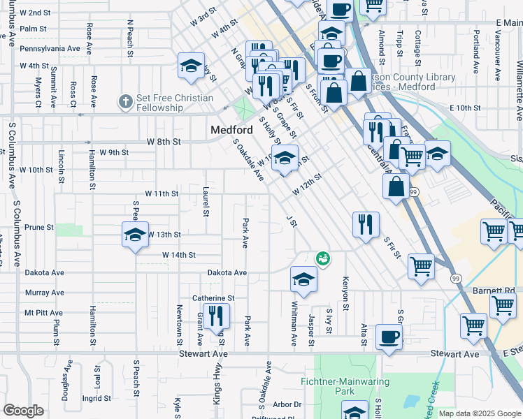 map of restaurants, bars, coffee shops, grocery stores, and more near 415 Park Avenue in Medford
