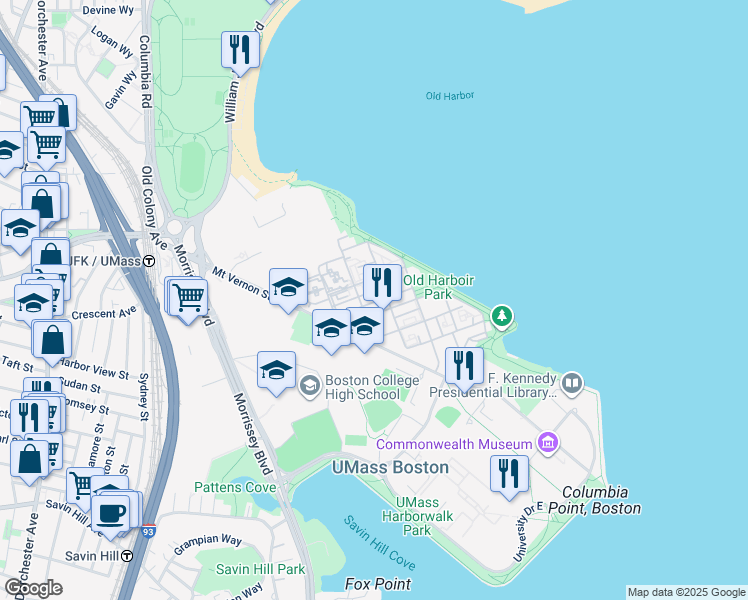 map of restaurants, bars, coffee shops, grocery stores, and more near 30 Harbor Point Boulevard in Boston