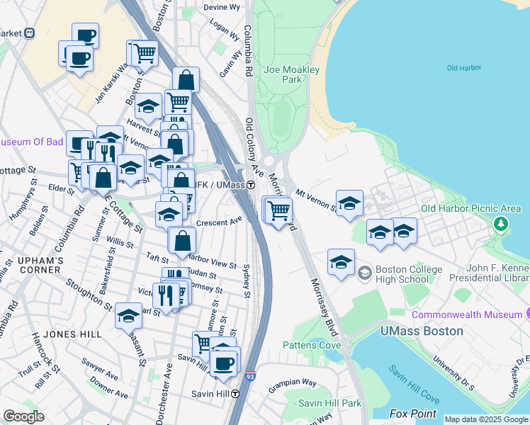 map of restaurants, bars, coffee shops, grocery stores, and more near 35 Morrissey Boulevard in Boston