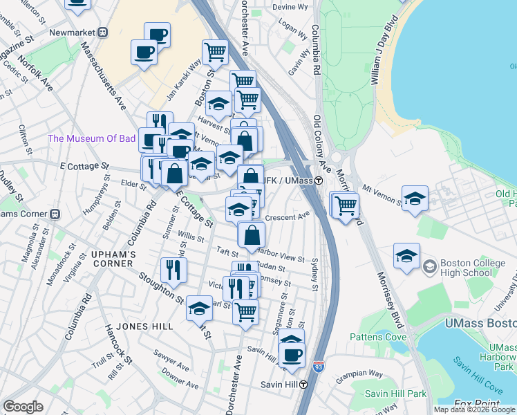 map of restaurants, bars, coffee shops, grocery stores, and more near 923 Dorchester Avenue in Boston