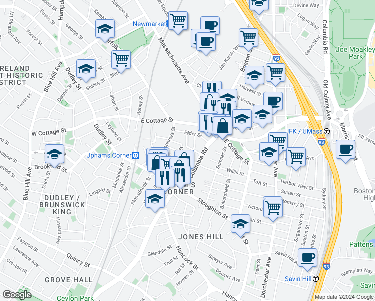 map of restaurants, bars, coffee shops, grocery stores, and more near 17 Eastman Street in Boston