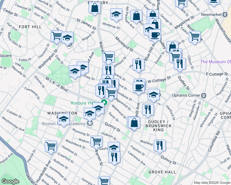 map of restaurants, bars, coffee shops, grocery stores, and more near 14 Woodbine Street in Boston