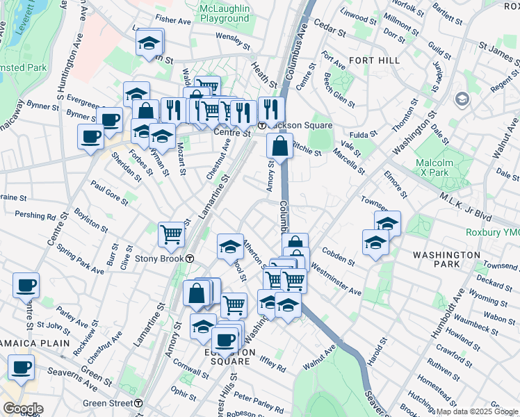 map of restaurants, bars, coffee shops, grocery stores, and more near 112-114 Amory Street in Boston