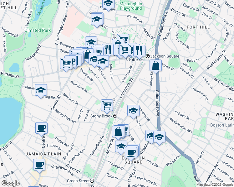 map of restaurants, bars, coffee shops, grocery stores, and more near 99 Wyman Street in Boston