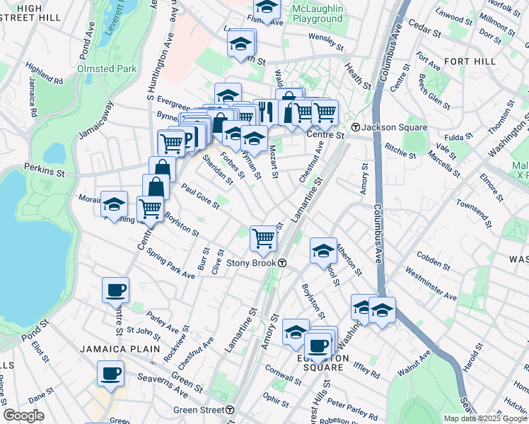 map of restaurants, bars, coffee shops, grocery stores, and more near 106 Sheridan Street in Boston