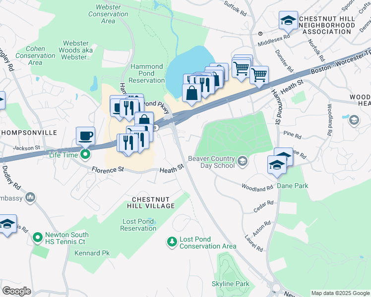 map of restaurants, bars, coffee shops, grocery stores, and more near 727 Heath Street in Brookline