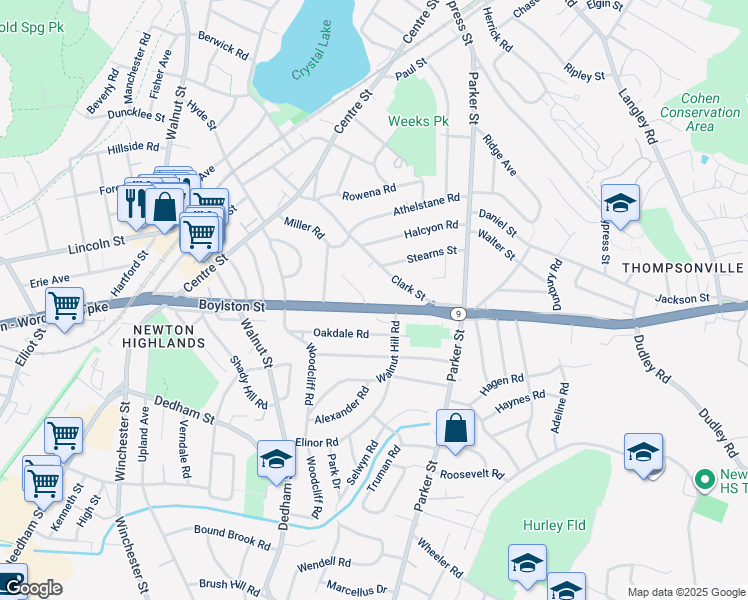 map of restaurants, bars, coffee shops, grocery stores, and more near 52294 Boylston Street in Newton