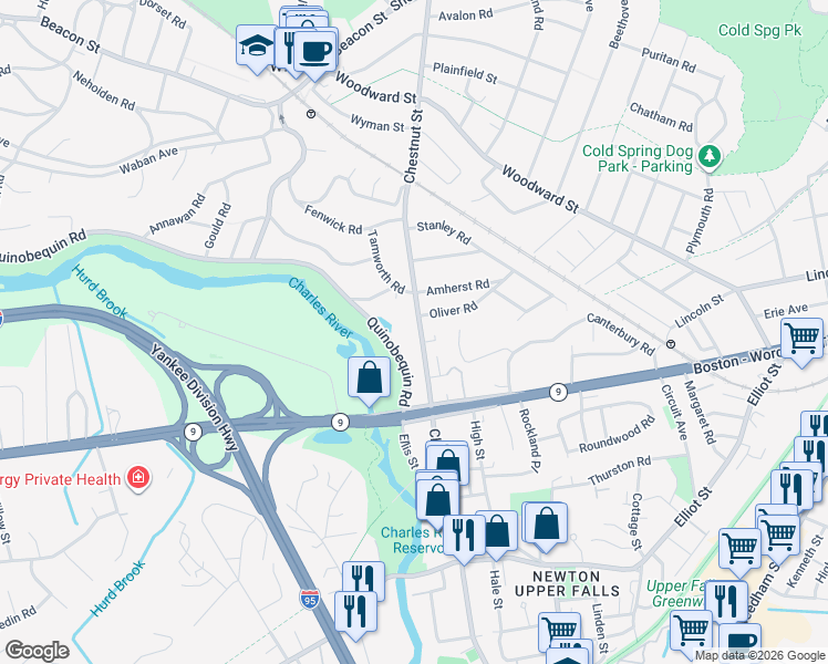 map of restaurants, bars, coffee shops, grocery stores, and more near 872 Chestnut Street in Newton