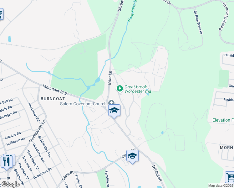 map of restaurants, bars, coffee shops, grocery stores, and more near 33 Briarwood Circle in Worcester