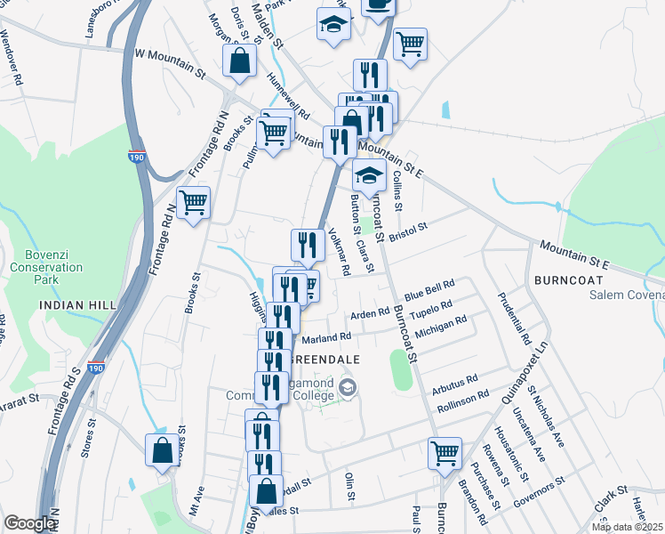 map of restaurants, bars, coffee shops, grocery stores, and more near 2 Tunis Road in Worcester