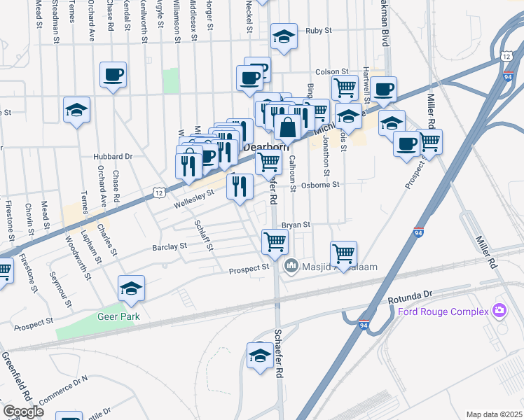 map of restaurants, bars, coffee shops, grocery stores, and more near 6 Georgetown Court in Dearborn