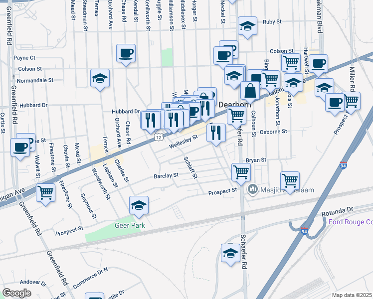 map of restaurants, bars, coffee shops, grocery stores, and more near 14277 Wellesley Street in Dearborn