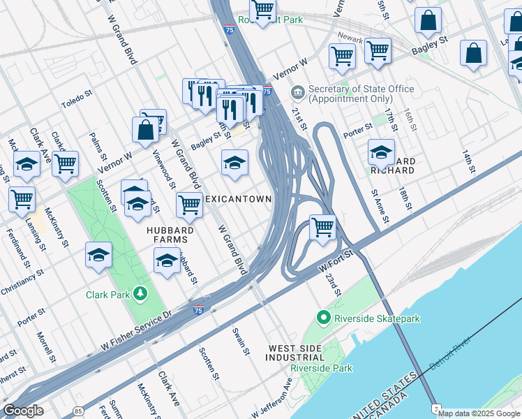 map of restaurants, bars, coffee shops, grocery stores, and more near 1243 24th Street in Detroit