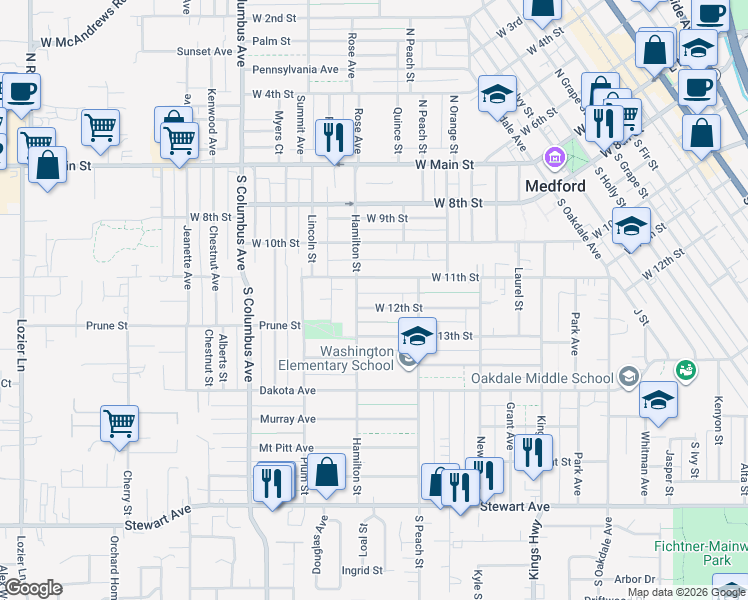 map of restaurants, bars, coffee shops, grocery stores, and more near 1040 West 12th Street in Medford