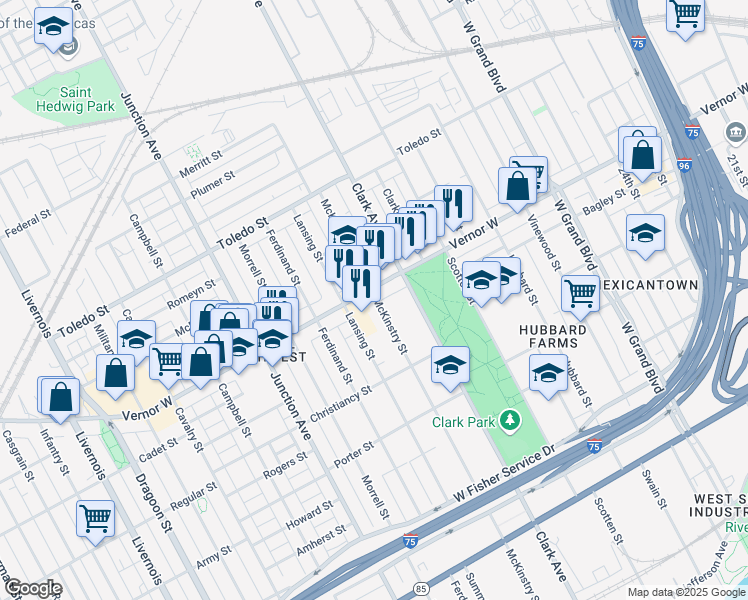 map of restaurants, bars, coffee shops, grocery stores, and more near 4601 Vernor Highway in Detroit