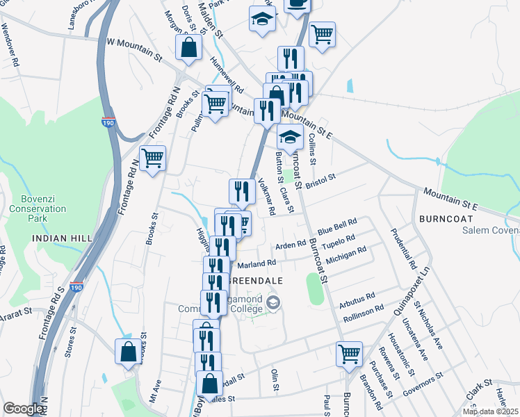 map of restaurants, bars, coffee shops, grocery stores, and more near 2 Tunis Road in Worcester