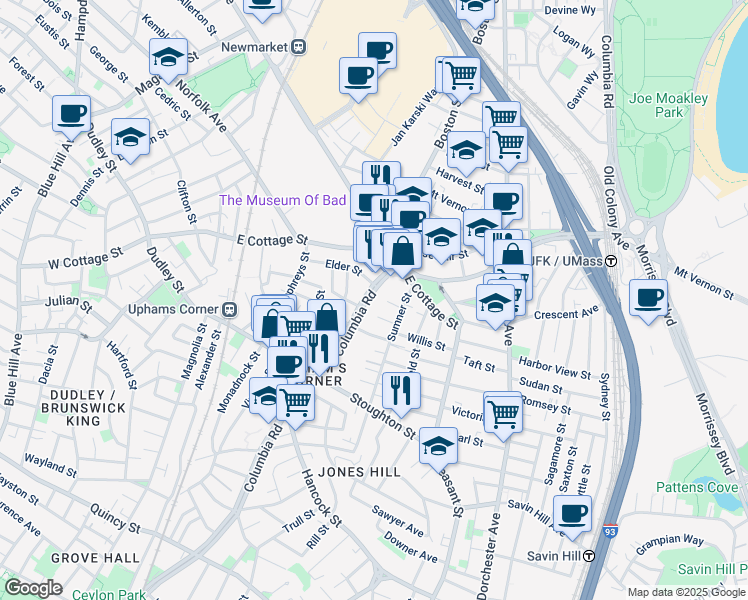 map of restaurants, bars, coffee shops, grocery stores, and more near 683 Columbia Road in Boston