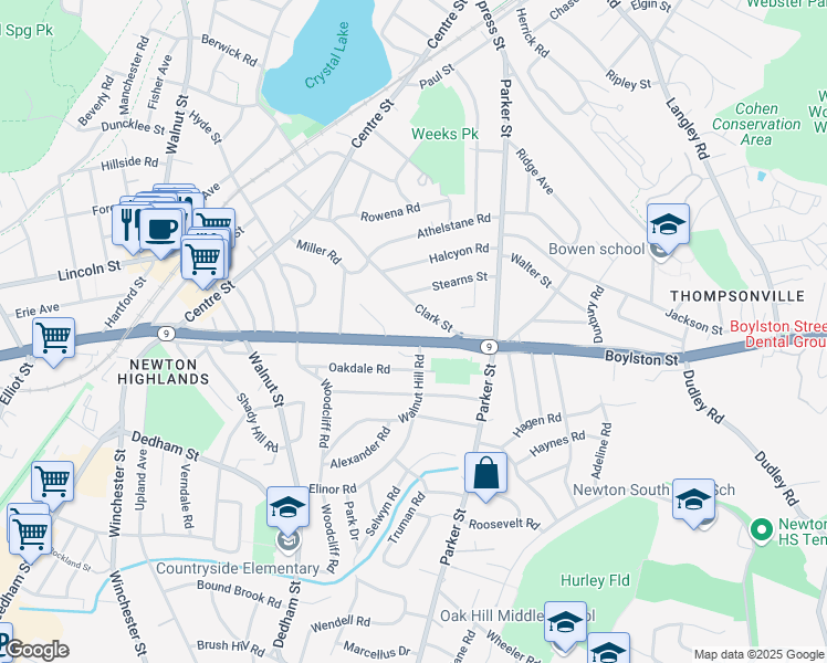 map of restaurants, bars, coffee shops, grocery stores, and more near 52294 Boylston Street in Newton