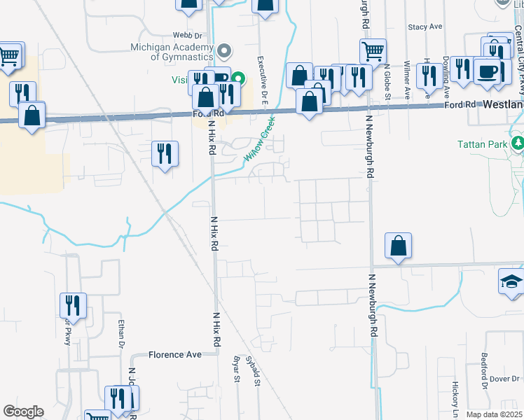 map of restaurants, bars, coffee shops, grocery stores, and more near 38134 Hixford Place in Westland