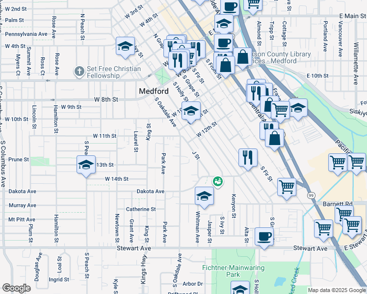map of restaurants, bars, coffee shops, grocery stores, and more near 419 South Oakdale Avenue in Medford