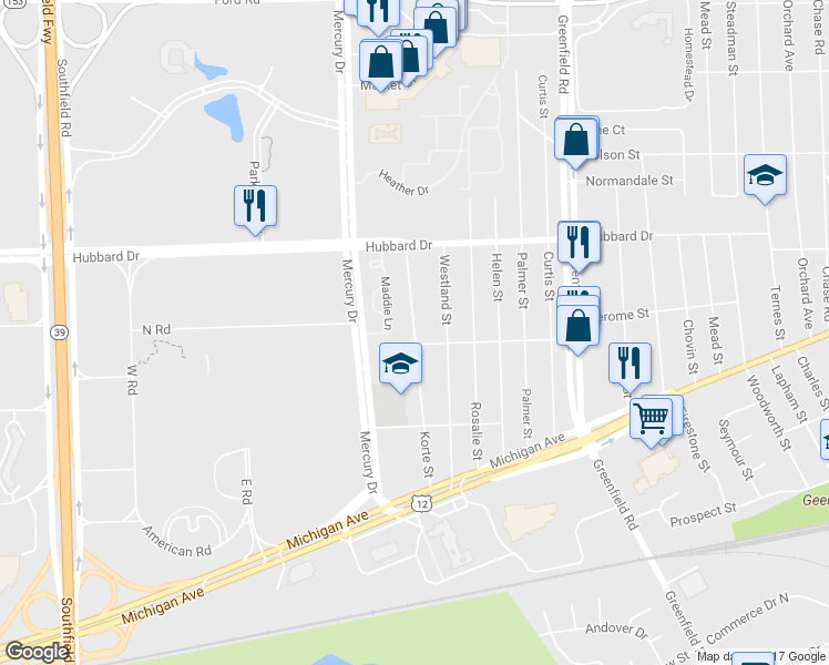 map of restaurants, bars, coffee shops, grocery stores, and more near 4719 Korte Street in Dearborn