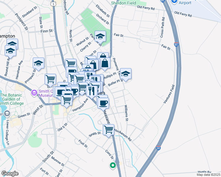 map of restaurants, bars, coffee shops, grocery stores, and more near 62 Hawley Street in Northampton