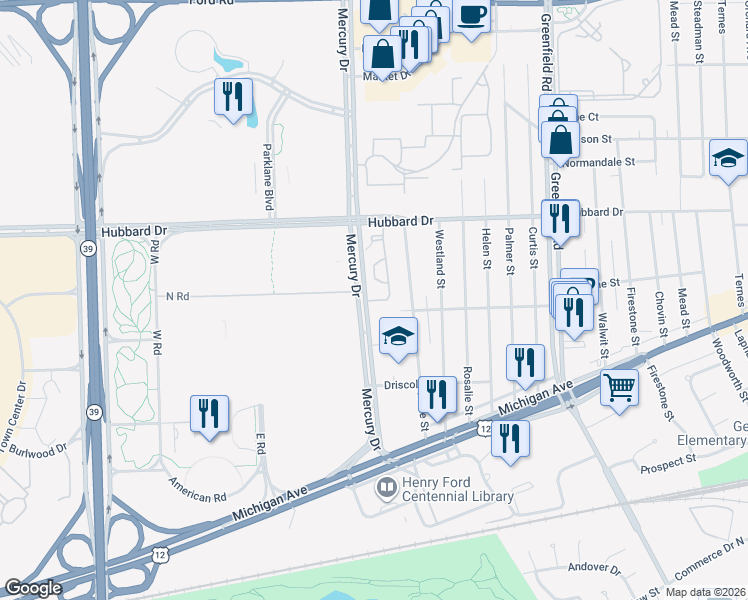 map of restaurants, bars, coffee shops, grocery stores, and more near 4711 Maddie Lane in Dearborn