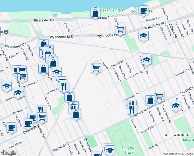 map of restaurants, bars, coffee shops, grocery stores, and more near 1221 High Street in Windsor