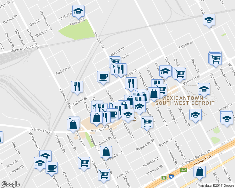 map of restaurants, bars, coffee shops, grocery stores, and more near 5665 Romeyn Street in Detroit