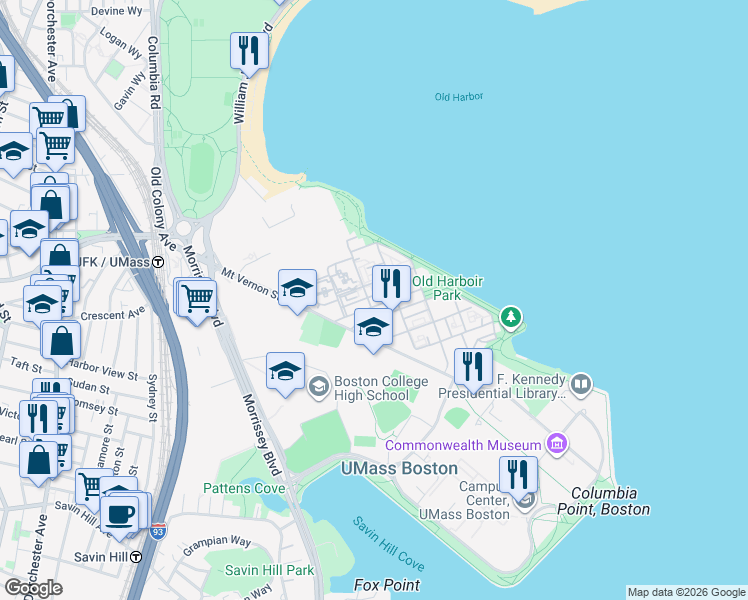 map of restaurants, bars, coffee shops, grocery stores, and more near 24 Oyster Bay Road in Boston