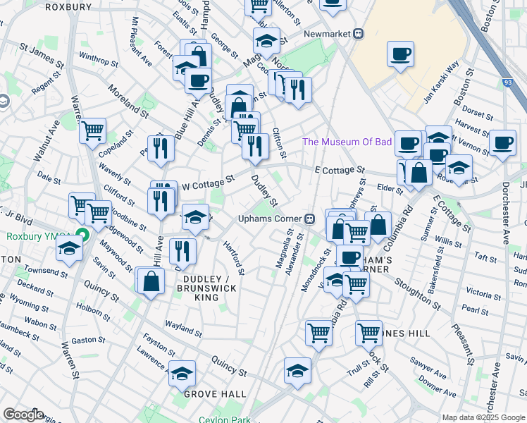 map of restaurants, bars, coffee shops, grocery stores, and more near 621 Dudley Street in Boston