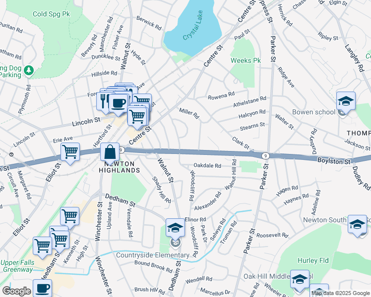 map of restaurants, bars, coffee shops, grocery stores, and more near 755 Boylston Street in Newton