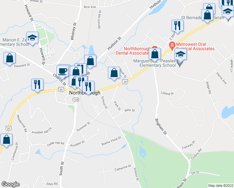 map of restaurants, bars, coffee shops, grocery stores, and more near 9 Summer Street in Northborough