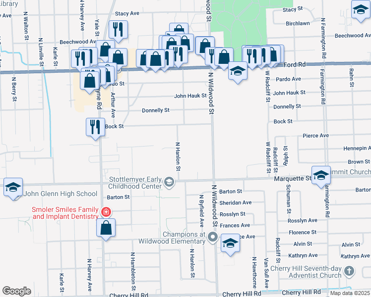map of restaurants, bars, coffee shops, grocery stores, and more near 1540 North Hanlon Street in Westland