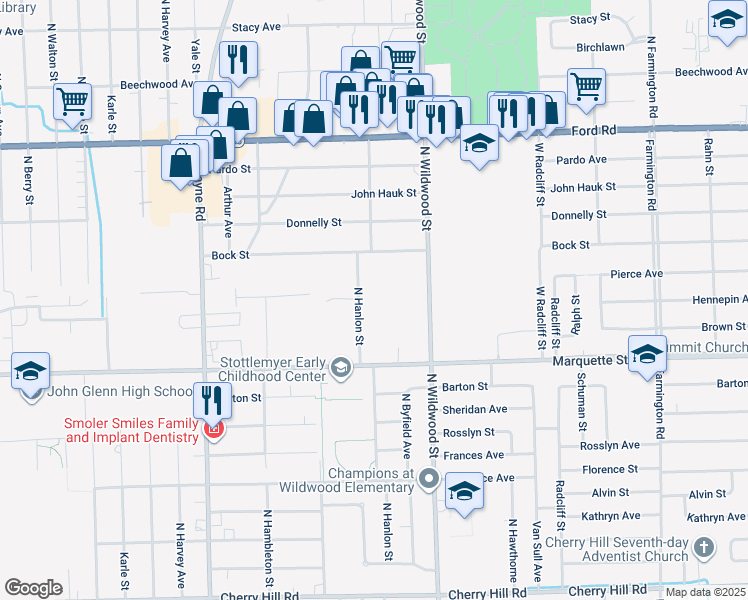 map of restaurants, bars, coffee shops, grocery stores, and more near 1540 N Hanlon St in Westland