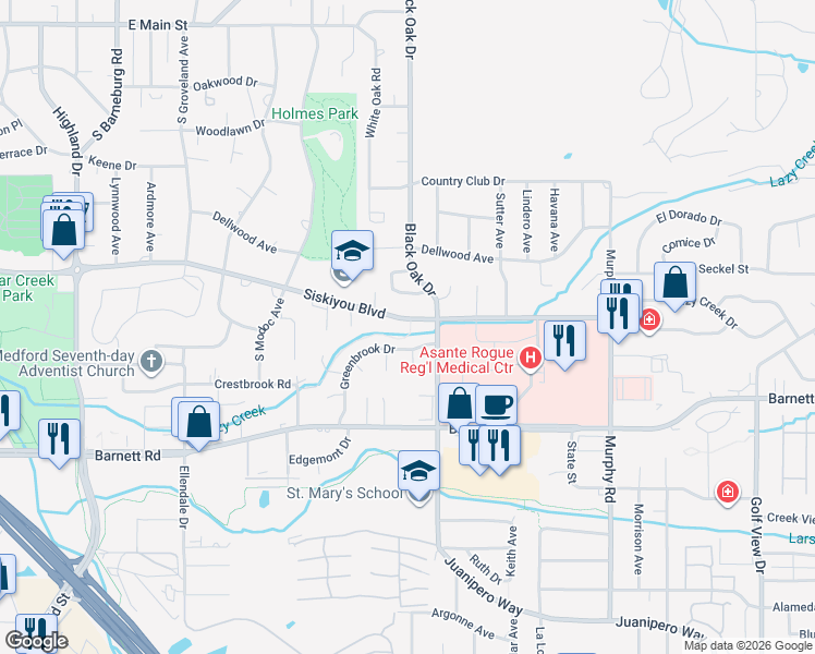 map of restaurants, bars, coffee shops, grocery stores, and more near 2470 Siskiyou Boulevard in Medford