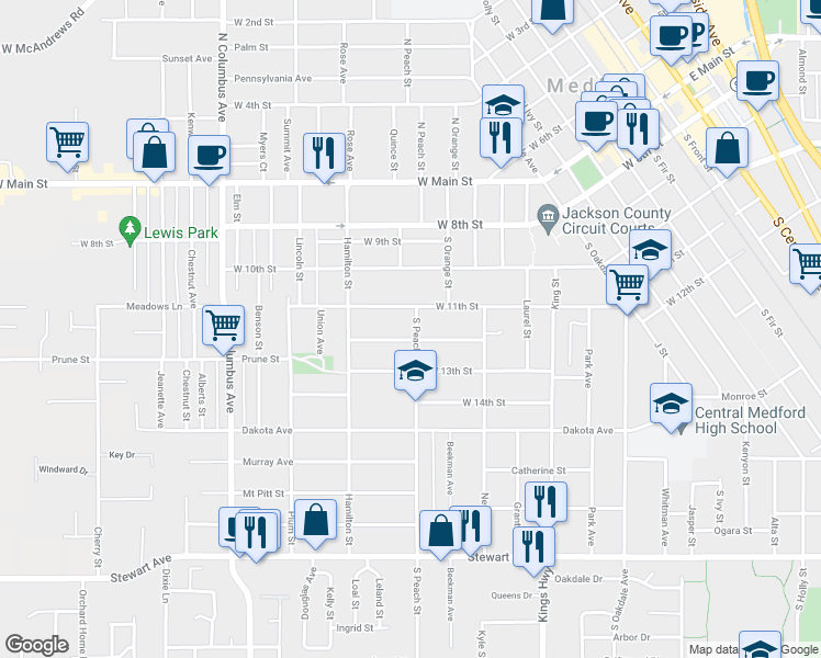 map of restaurants, bars, coffee shops, grocery stores, and more near 320 South Peach Street in Medford