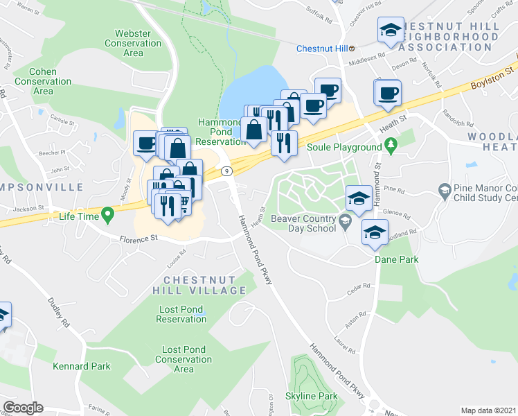map of restaurants, bars, coffee shops, grocery stores, and more near 727 Heath Street in Brookline