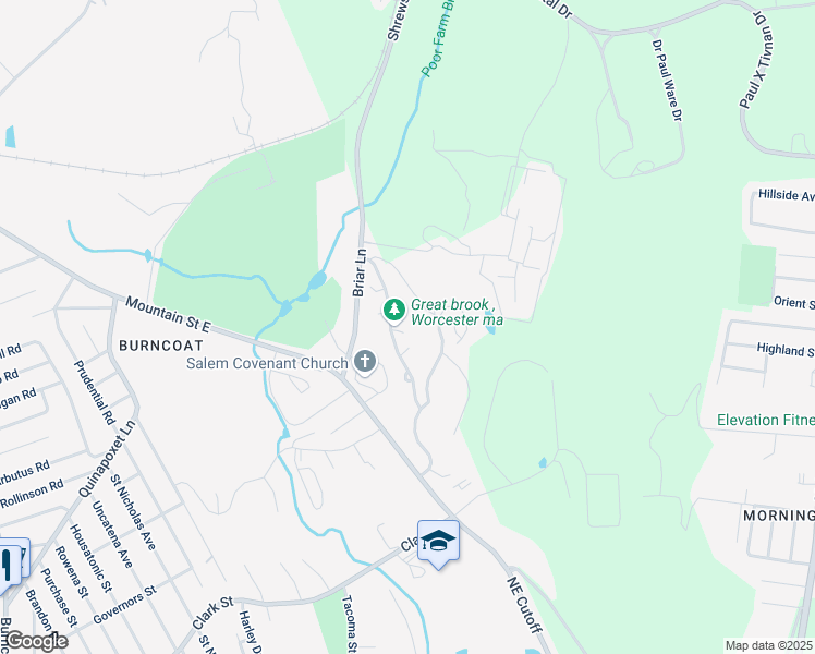 map of restaurants, bars, coffee shops, grocery stores, and more near 33 Briarwood Circle in Worcester