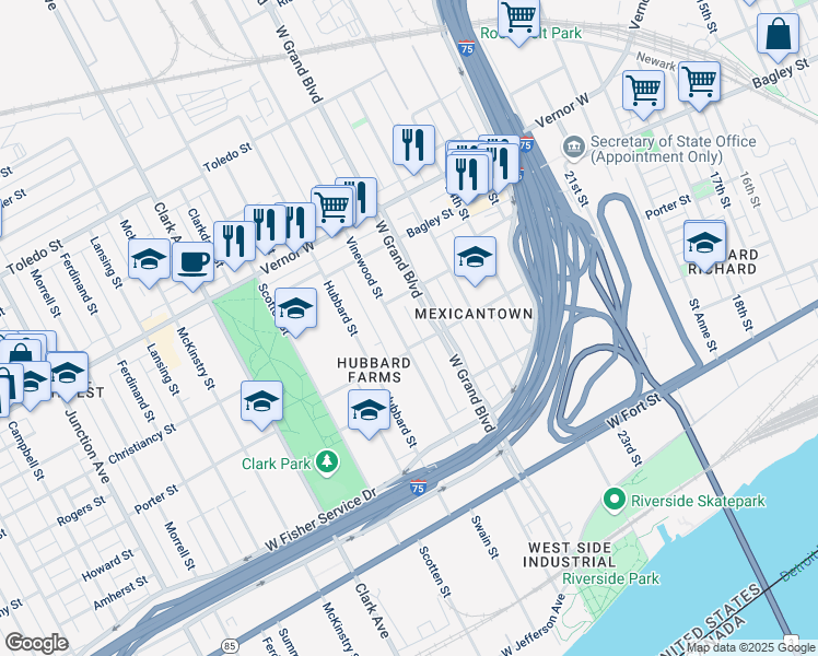 map of restaurants, bars, coffee shops, grocery stores, and more near 1436 Vinewood Street in Detroit