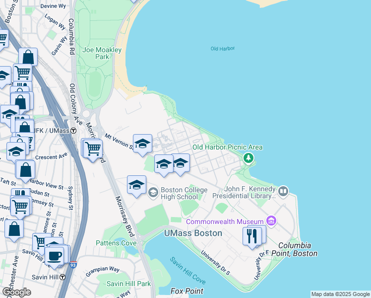 map of restaurants, bars, coffee shops, grocery stores, and more near 30 Harbor Point Boulevard in Boston