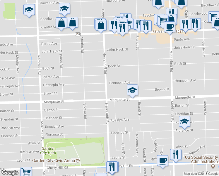 map of restaurants, bars, coffee shops, grocery stores, and more near 1232 Henry Ruff Road in Garden City